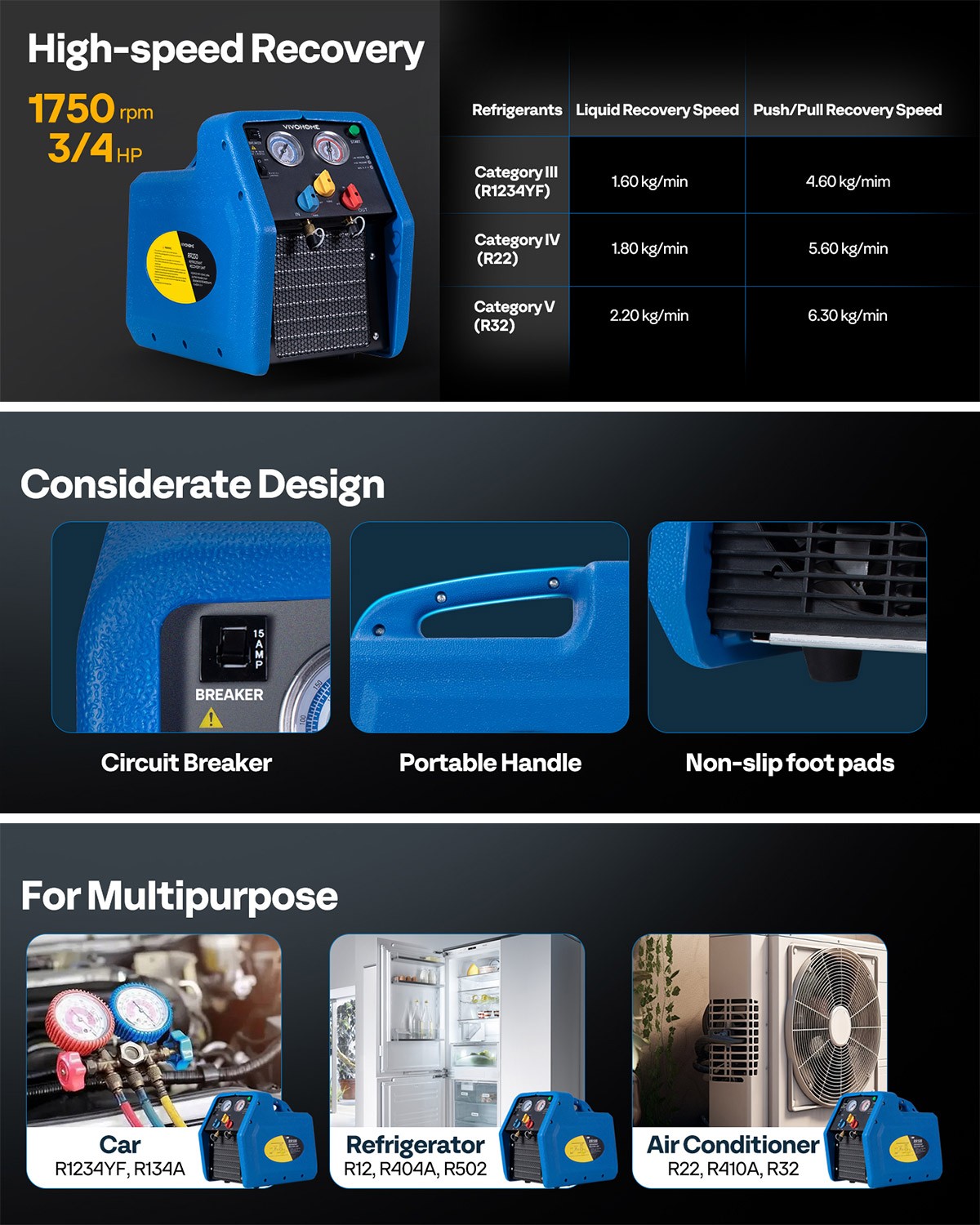 Portable Refrigerant Recovery Machine R1234yf R32 3/4HP AC HVAC Recycling Tool