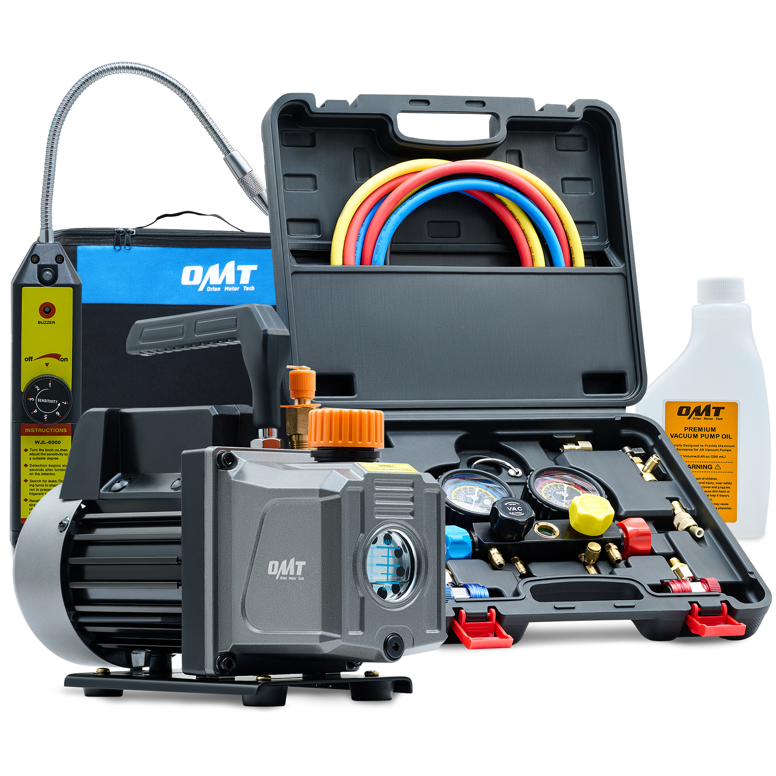 OMT 4CFM 1/3HP Vacuum Pump HVAC Refrigeration Auto AC w/ Manifold Gauge Set &Bag