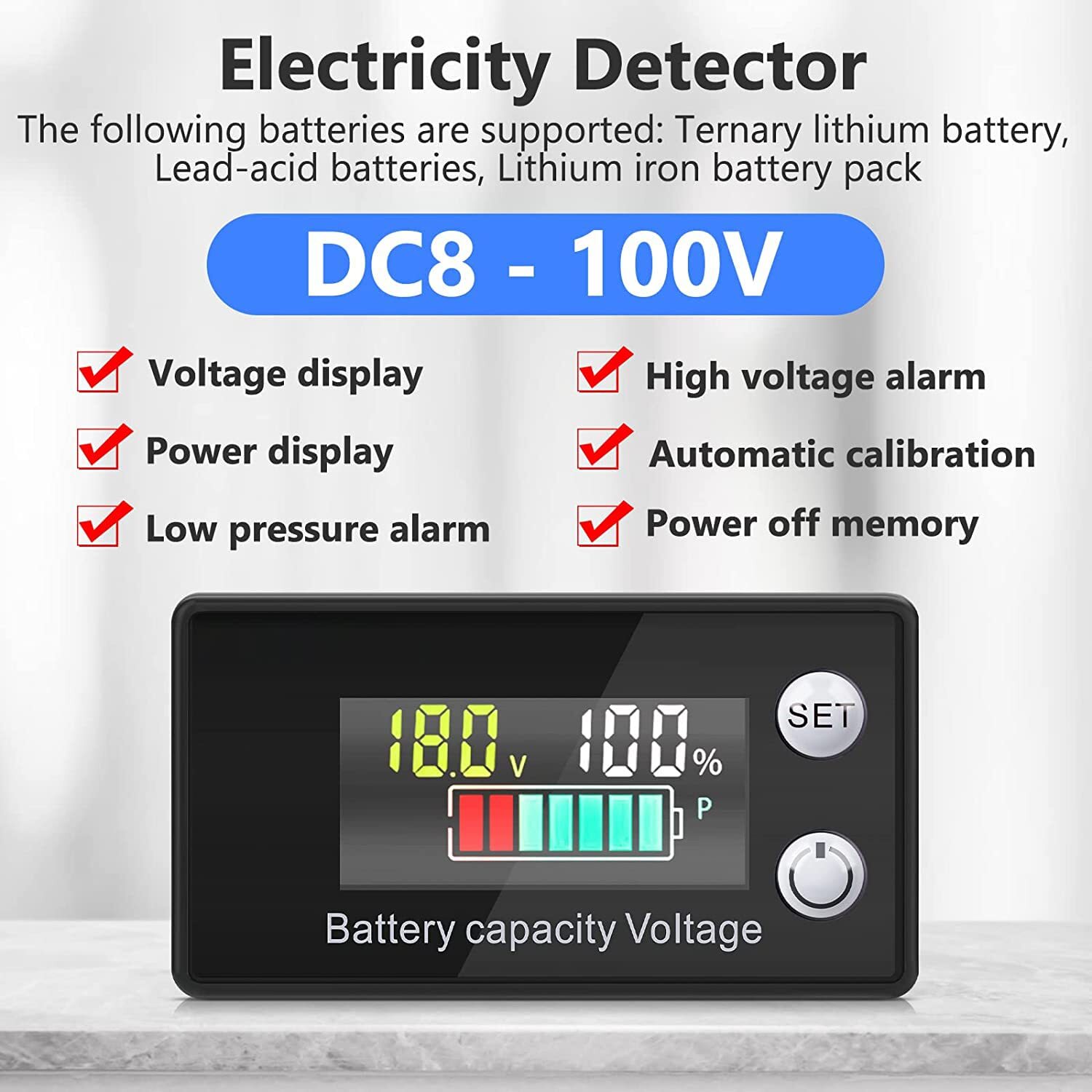 DC 8V-100V Battery Capacity Indicator Voltmeter Voltage Meter Monitor Gauge