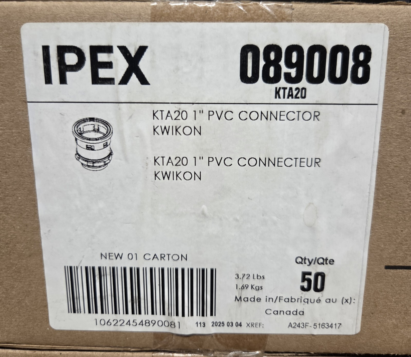 (50-pack) IPEX Kwikon PVC Conduit Connector 1 in Press-Fit Gray 089008 KTA20