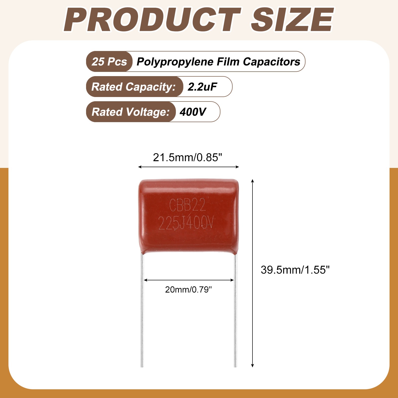25pcs CBB22 Capacitor 400V 225J 2.2UF Metallized Polypropylene Film Capacitors