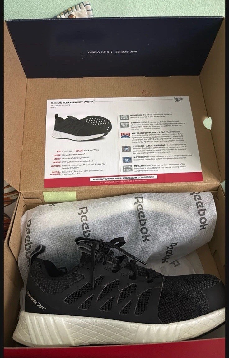 Reebok Fusion Flexweave Work Shoe Black White Size 8 women’s