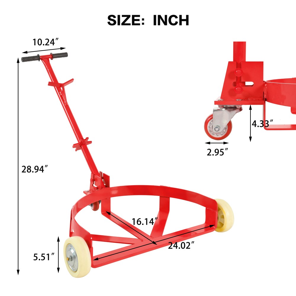 55 Gallon Drum Dolly 1200lbs capacity with 2 fixed PU Wheels and 1 swivel wheel