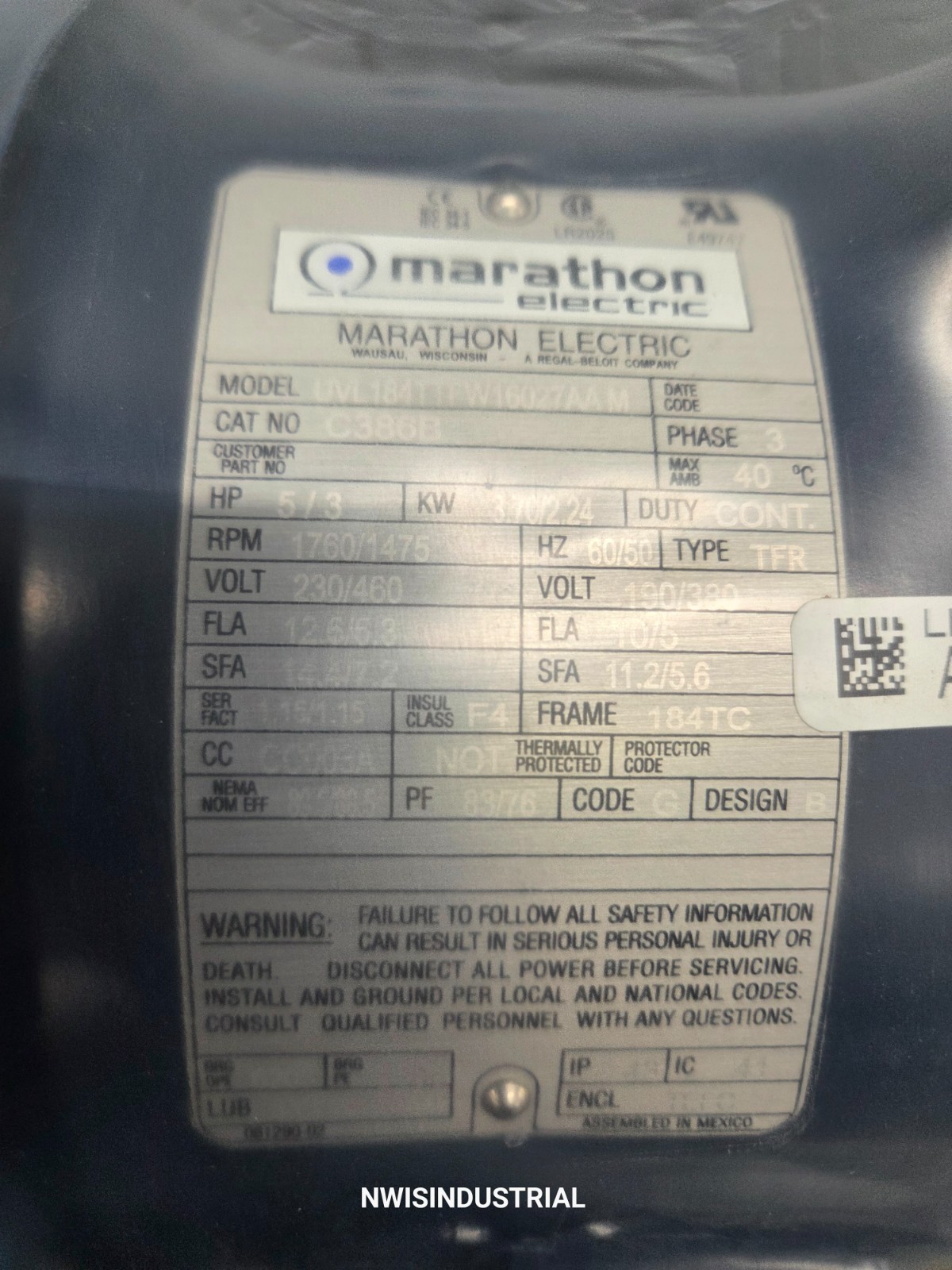 MARATHON ELECTRIC MOTOR C368B, UVL184TTFW16027AAM, 5HP, 1760 RPM, 230/460V 184TC