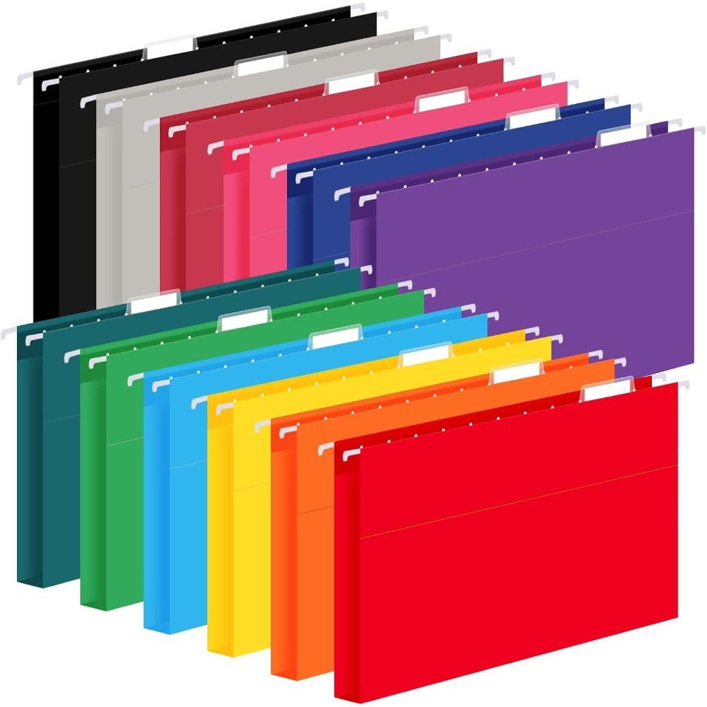 Hanging File Folders 12-Pack Letter Size, 1/5-Cut Adjustable Tabs, 12 Assorted