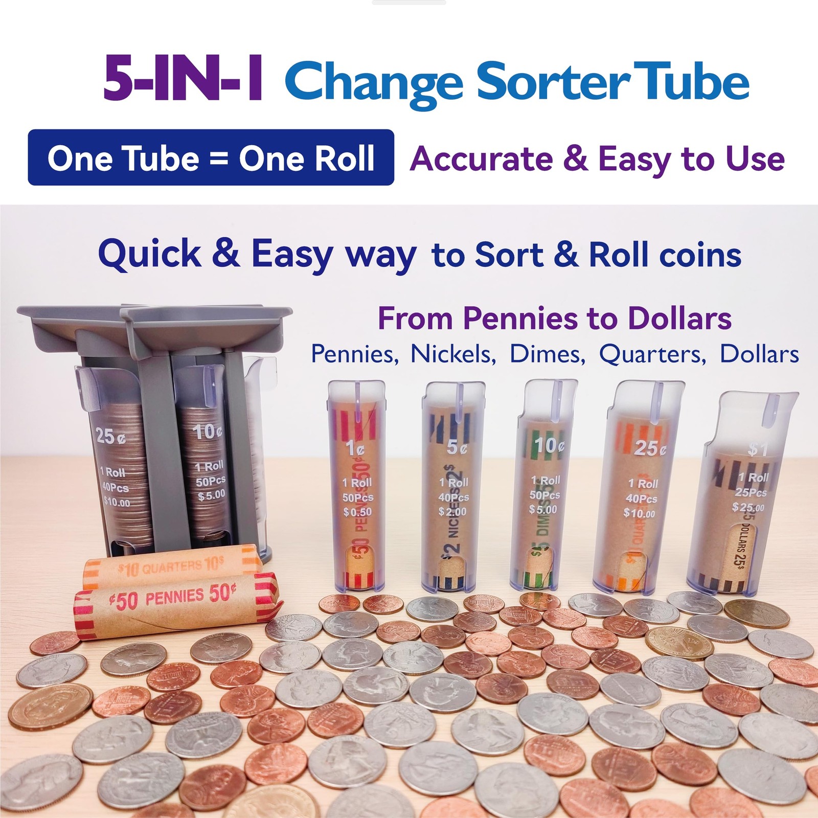 Change Sorter Tube as Coin Counter Machine with Coin Wrappers, Coin Sorter Chang