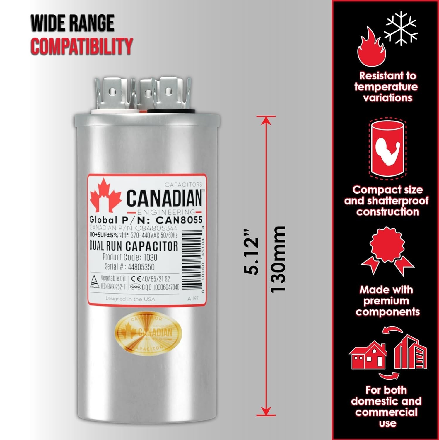 AC Capacitor 80 + 5 μF, 370/440 VAC, CBB65 Motor Run Round Capacitor