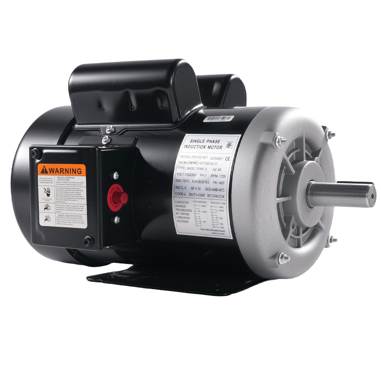 2HP Electric Motor 1725RPM 143/5T Frame 1-Phase 5/8″ Keyed Shaft AC115V/230V