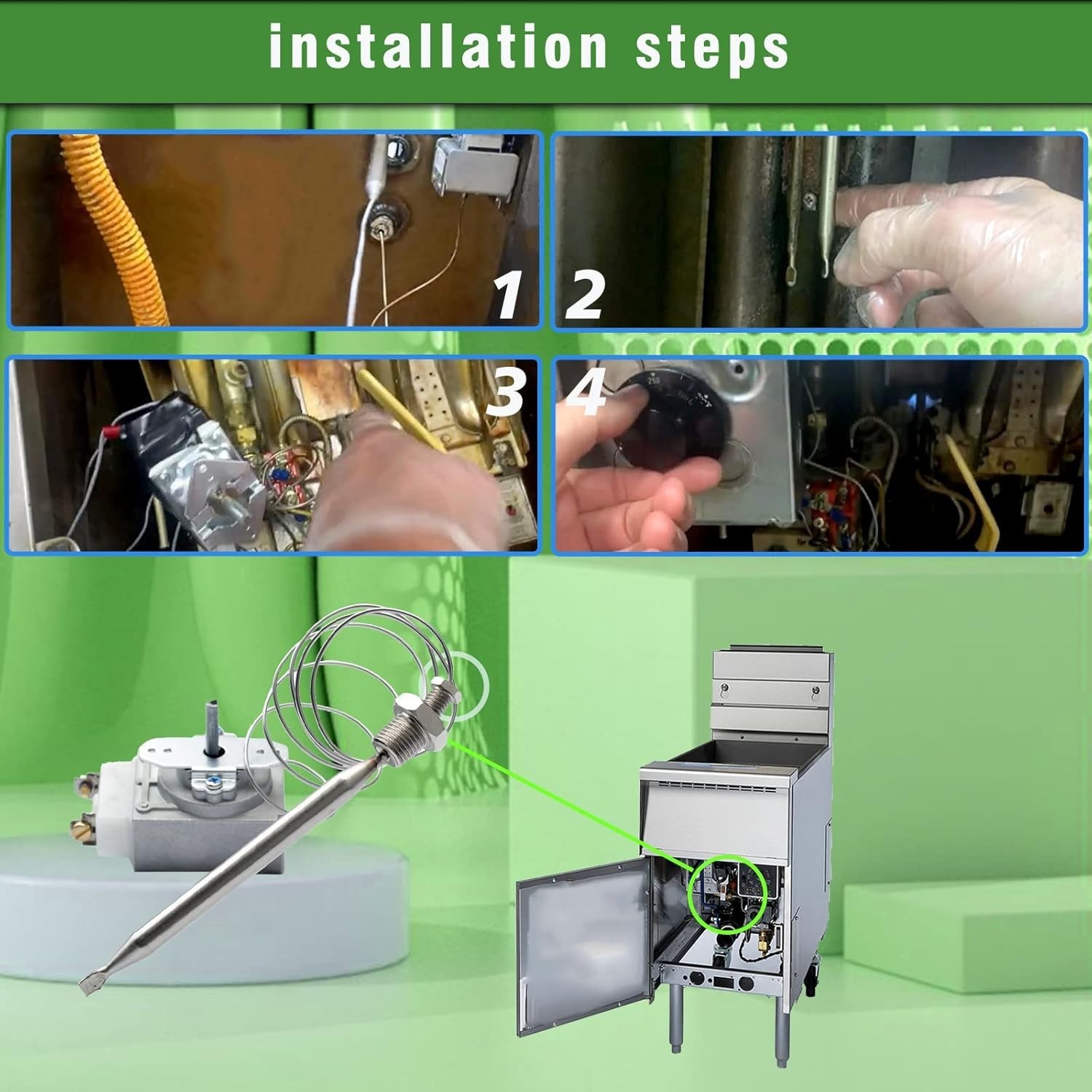 Professional Deep Fryer Thermostat, Stainless Steel, 200-400F Temperature