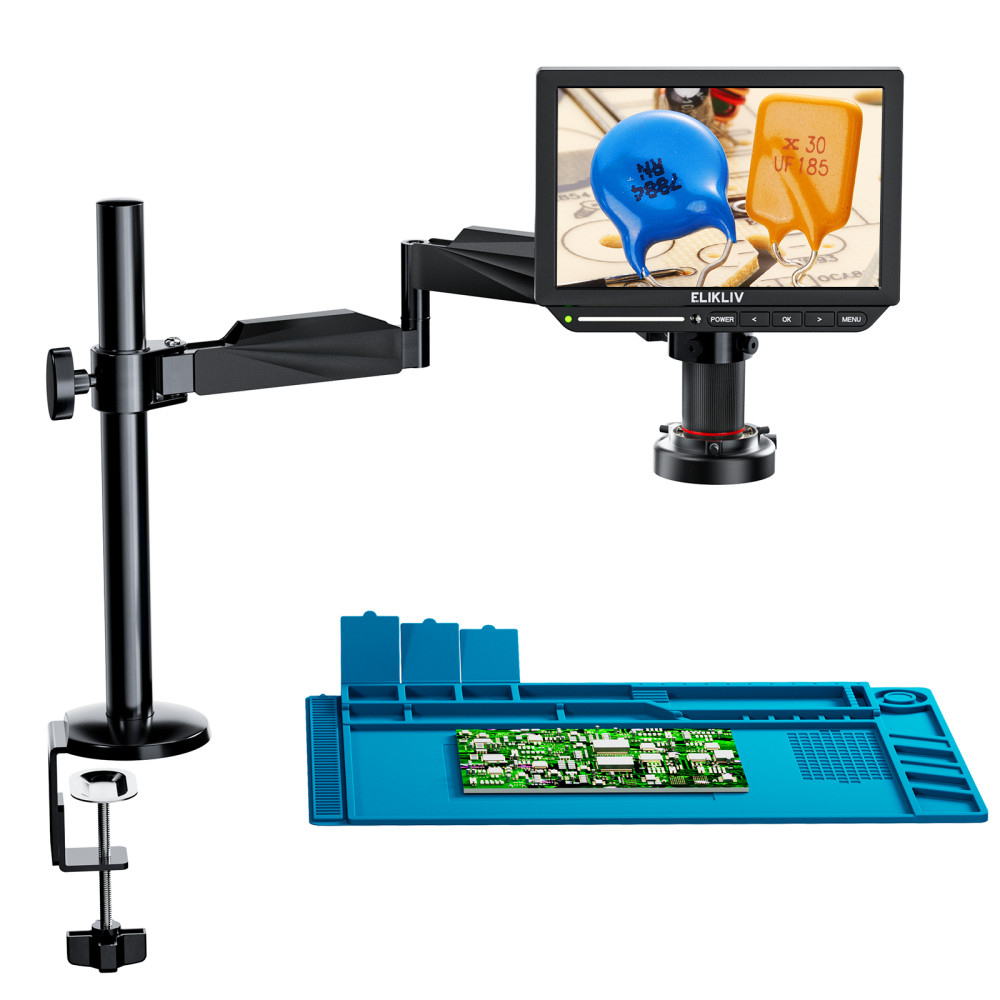 Elikliv 4K Soldering Digital Microscope 2000X Flexible Arm Stand 10.1″ 52MP 64GB