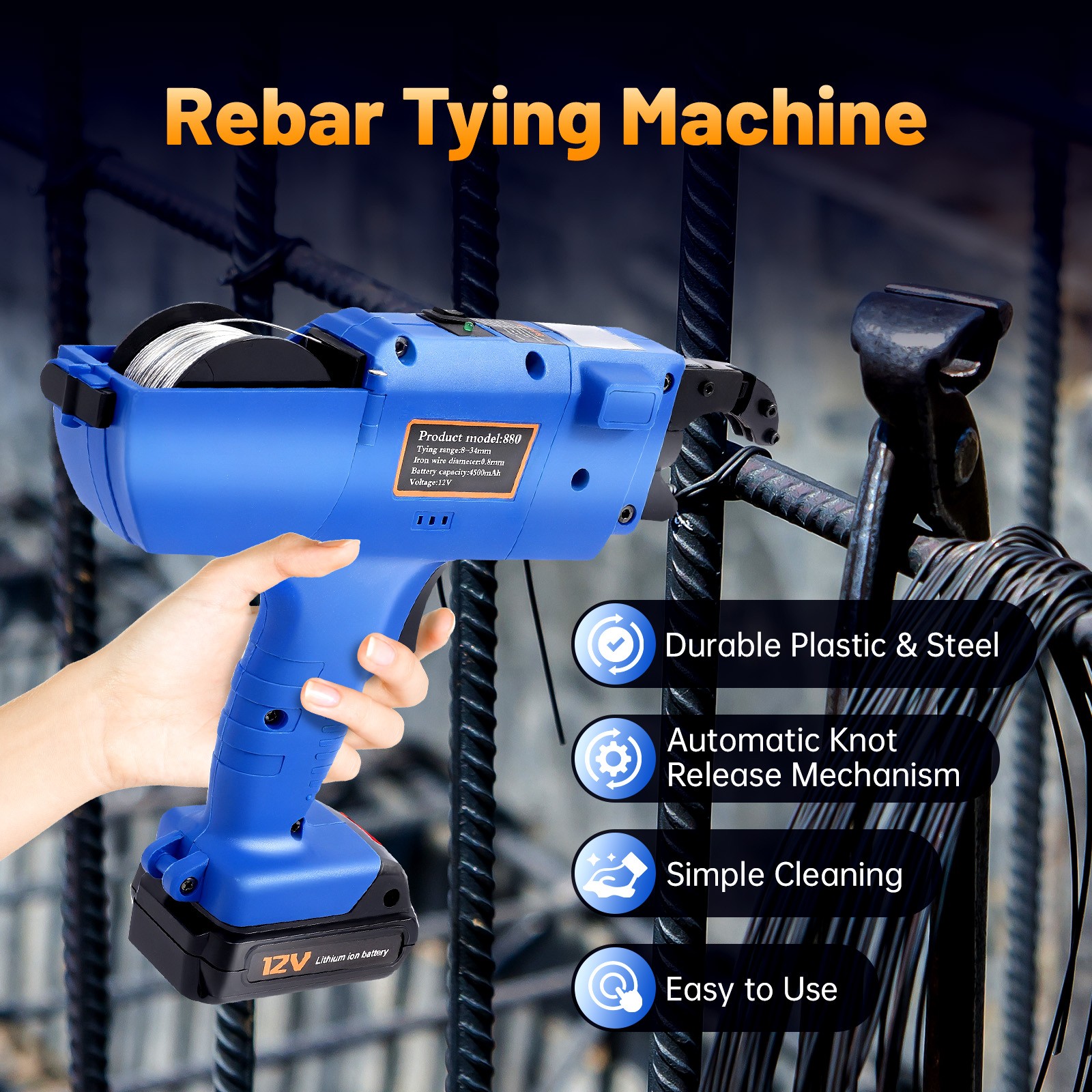 8-34mm Automatic Rebar Tying Machine Electric Rebar Tier Tool+ 4500 Mah Battery