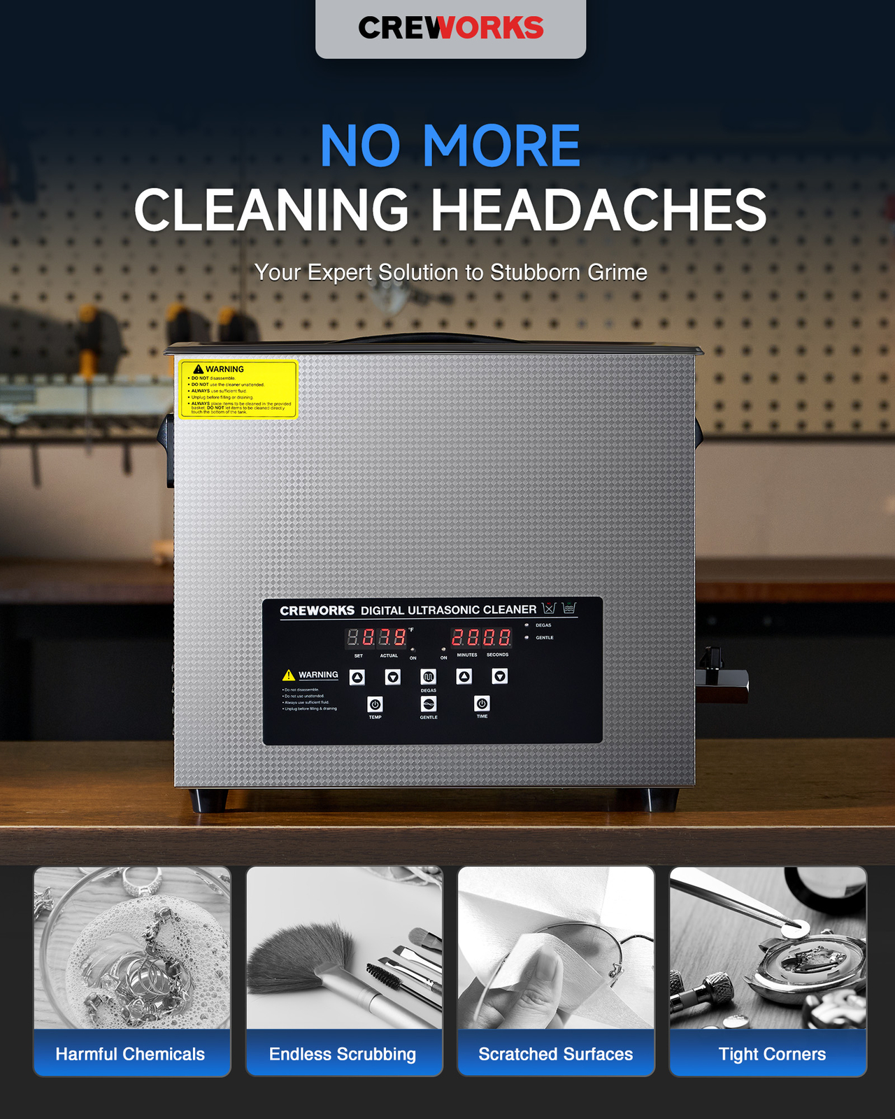 CREWORKS 15L Ultrasonic Cleaner Stainless Steel Cleaning Equipment w/ Heater