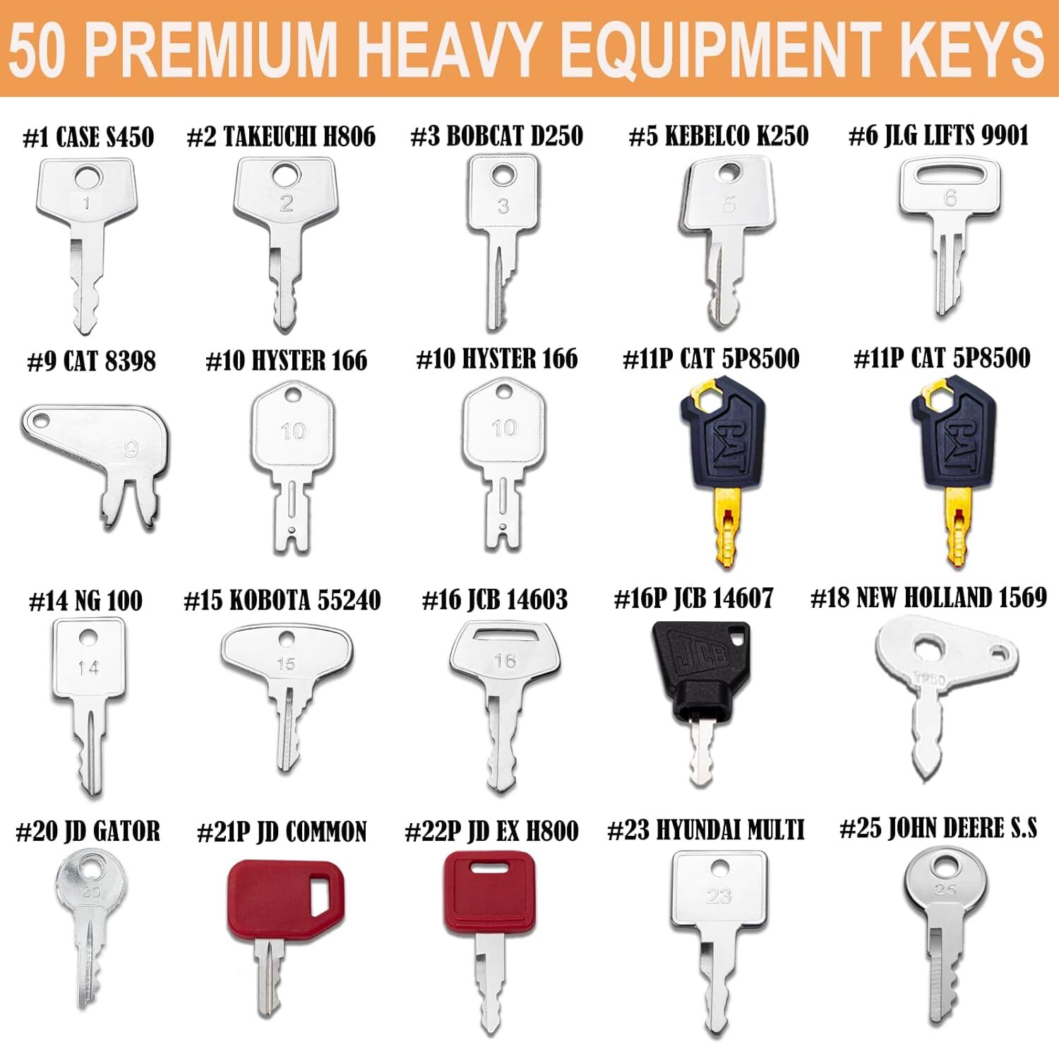 50 Heavy Equipment Keys Master Set Cat Case JD JCB Hyster Komatsu Kubota Volvo