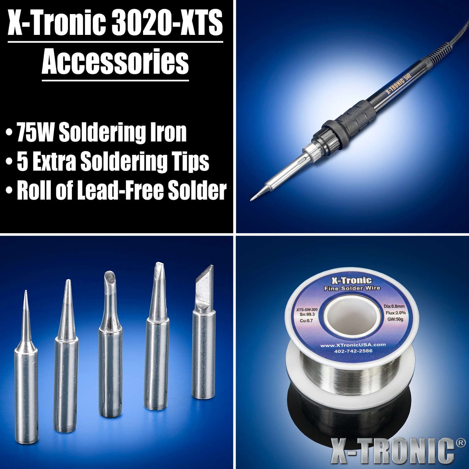 X-Tronic #3020-XTS-ST 75W Digital LED Soldering Iron Station Kit w/ 5 Extra Tips