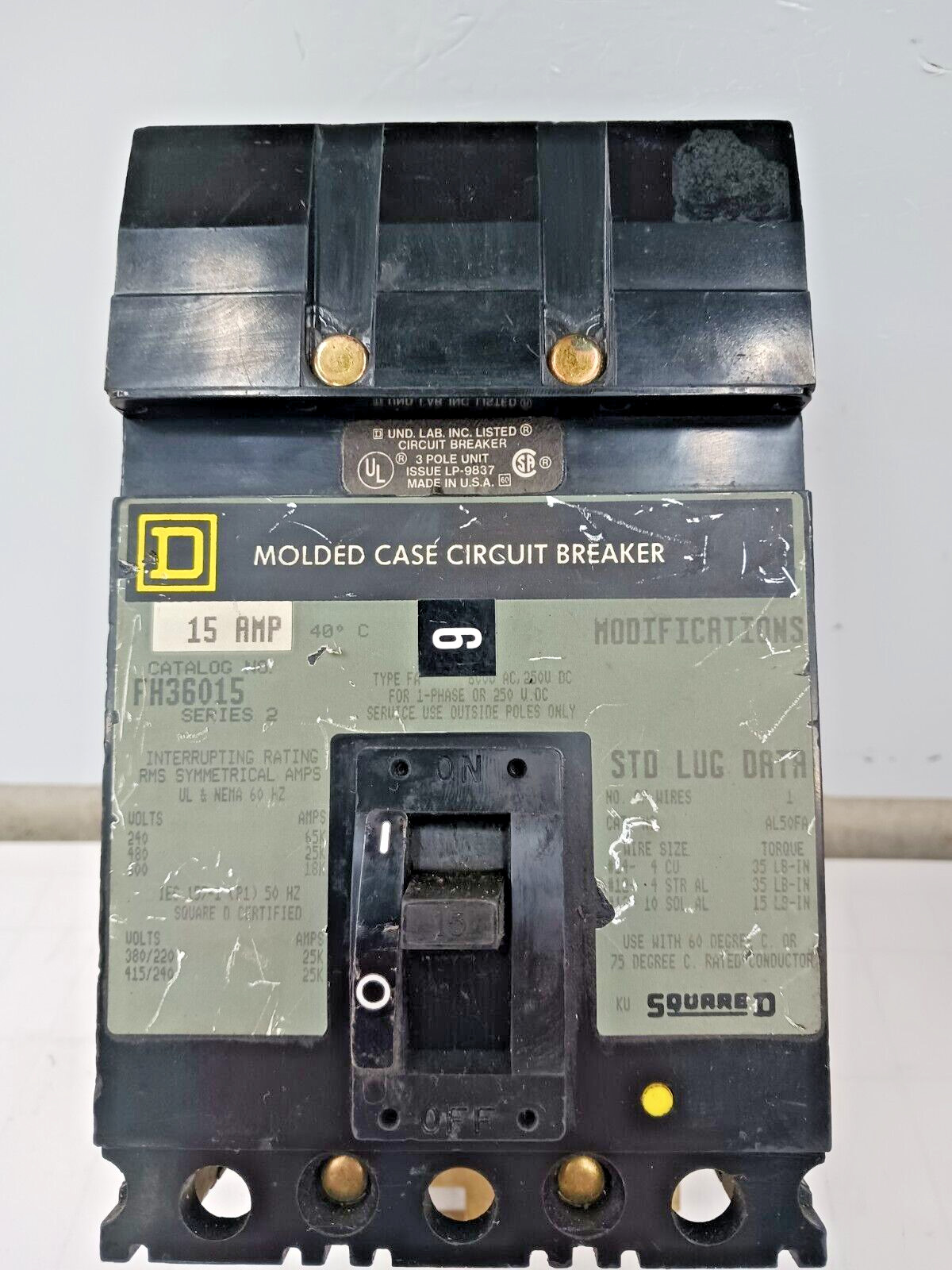 SQUARE D 15 AMP CIRCUIT BREAKER 3 POLE 600 VAC FH36015 #1