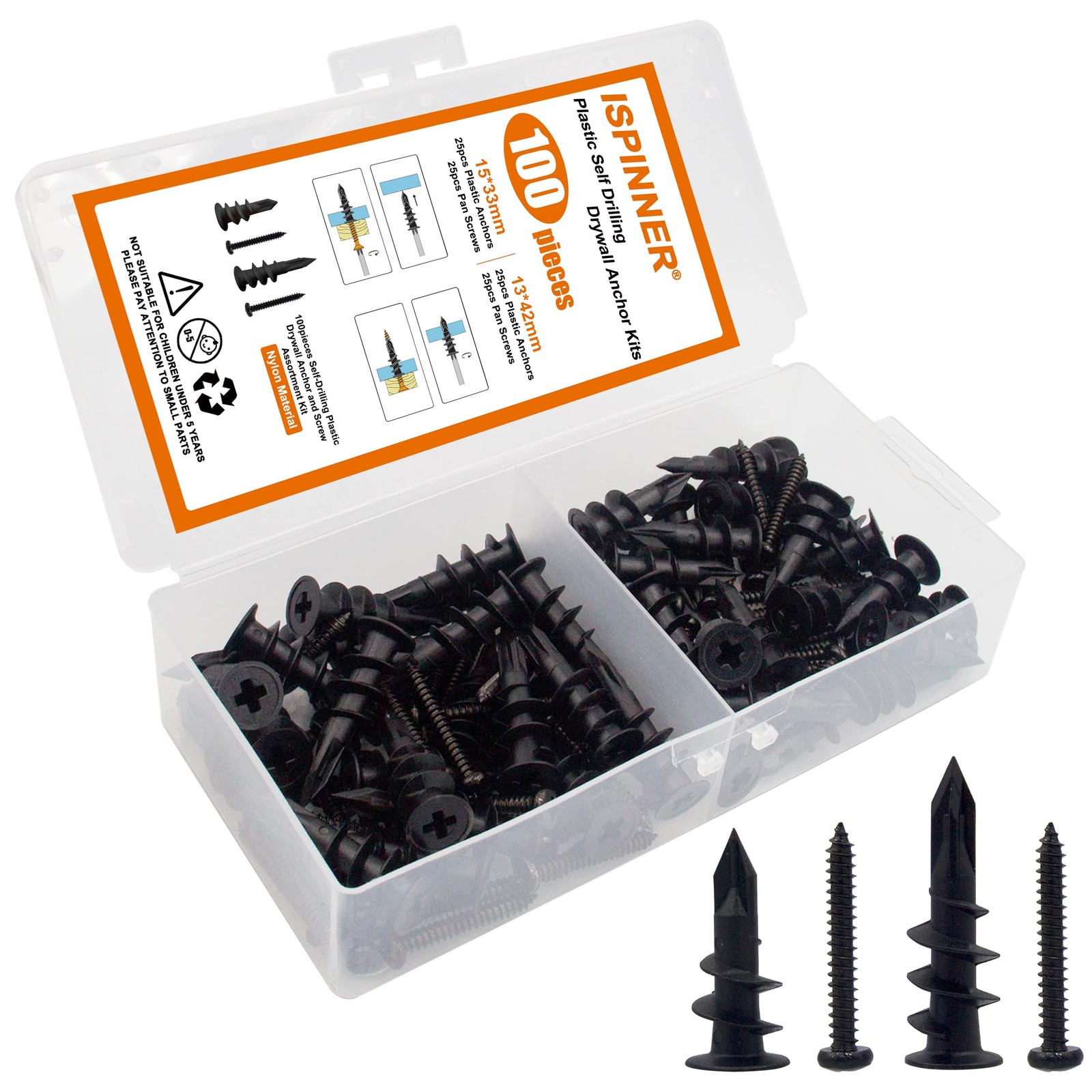 ISPINNER 100pcs #6#8 Self Drilling Plastic Drywall Anchors with #6 #8, Black