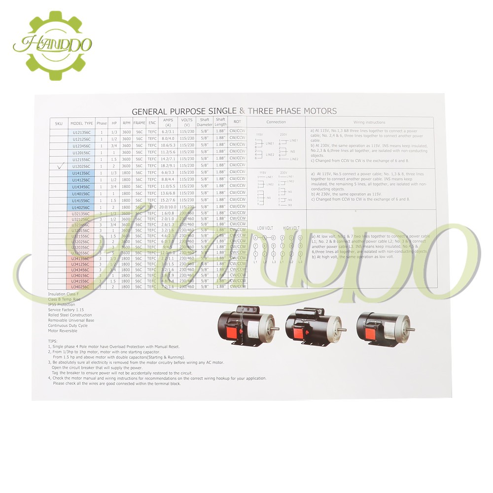 1Phase 115V/230V 60HZ CW/CCW Electric Motor 3450RPM 56C Frame 5/8″Shaft 2HP