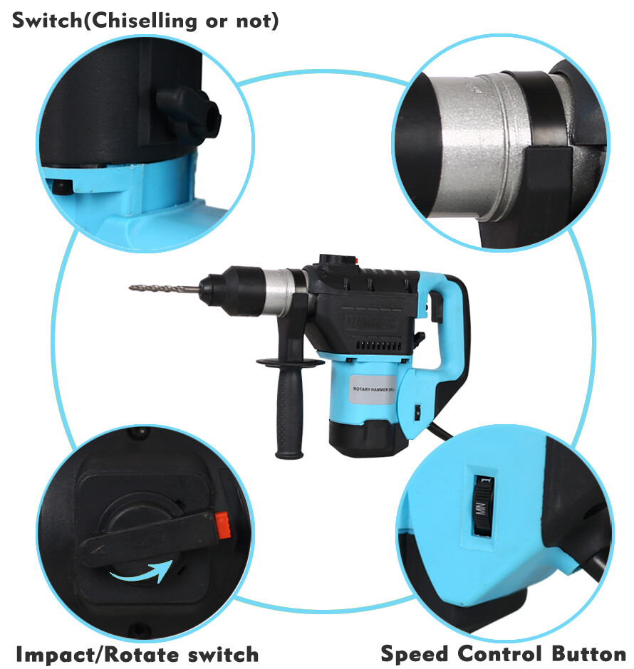 Rotary Hammer 1100W(Blue + Black) 1-1/2″sds Plus Rotary Hammer Drill 3 Functions