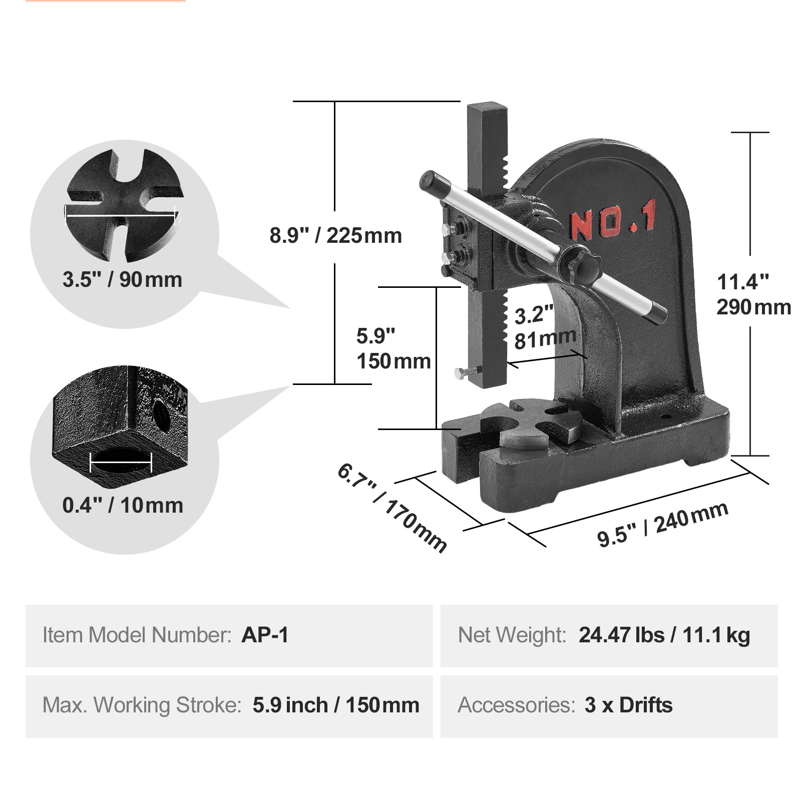 Arbor Press 1 Ton Manual Desktop Press Lever Mountable Bearings Cast Iron