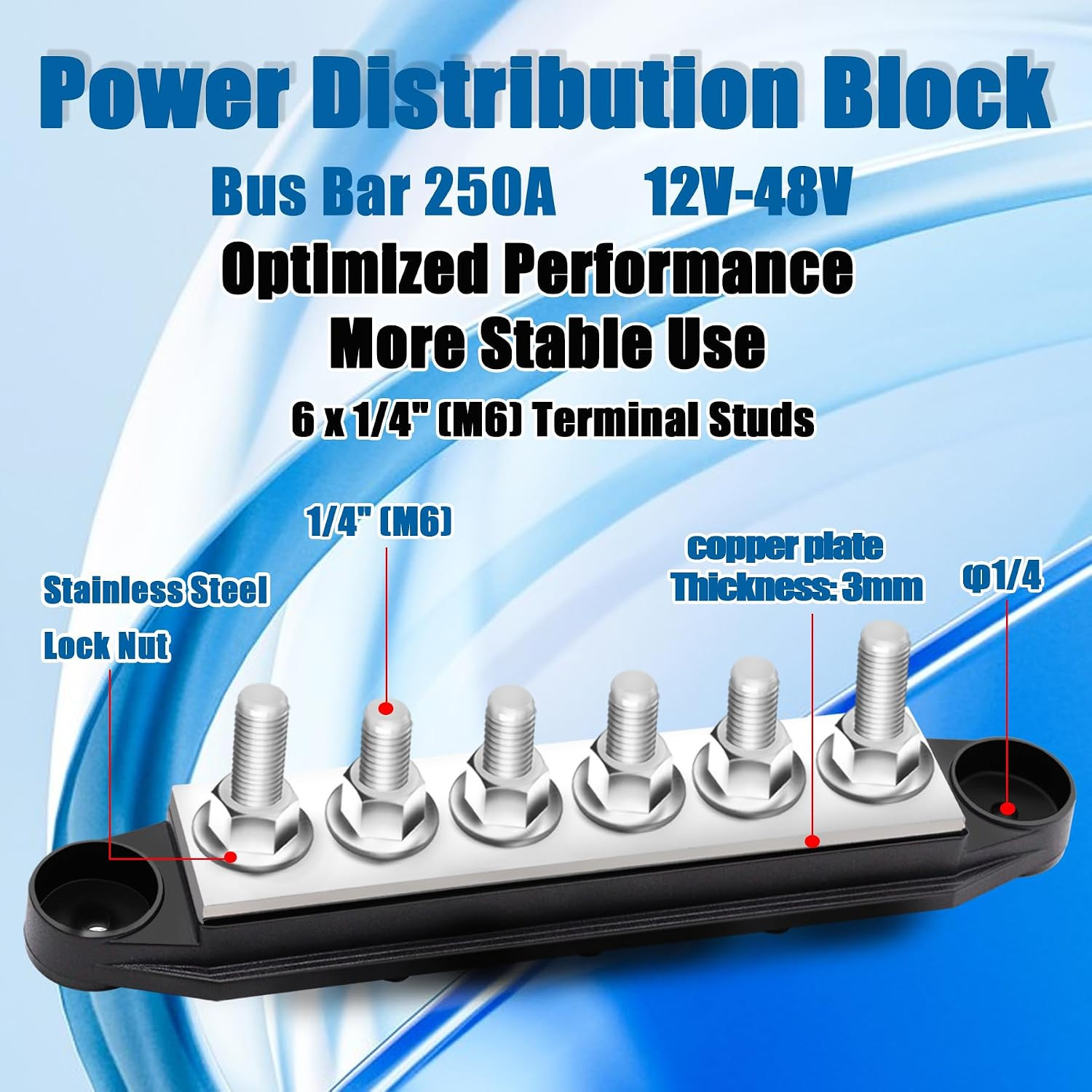 250A Bus Bar 12V Marine 1/4″ Power Distribution Block Automotive Busbar Terminal