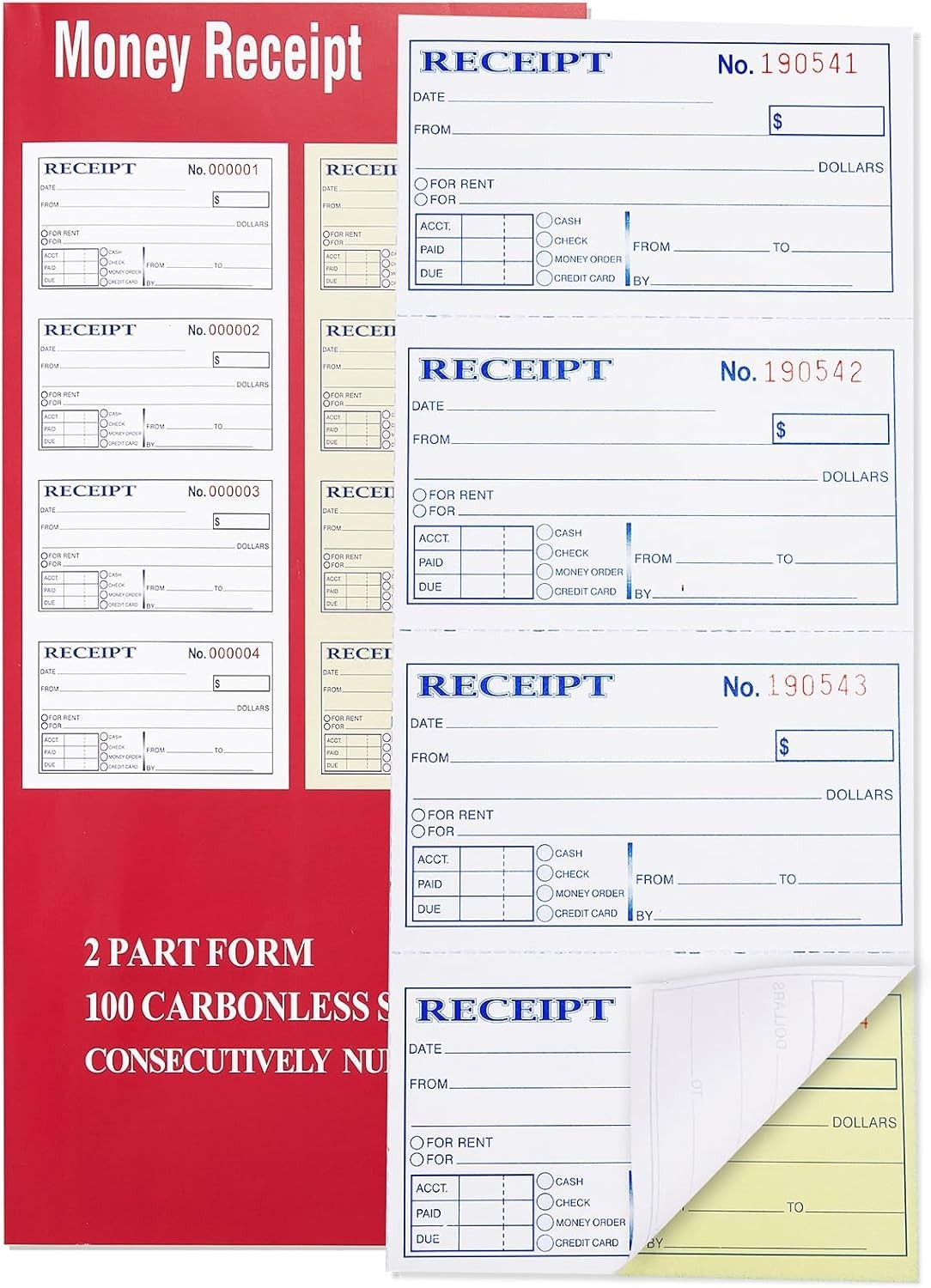 Receipt Book with Carbon Copies, 2-Part carbonless, 100 Sets per Book,4 Receipts