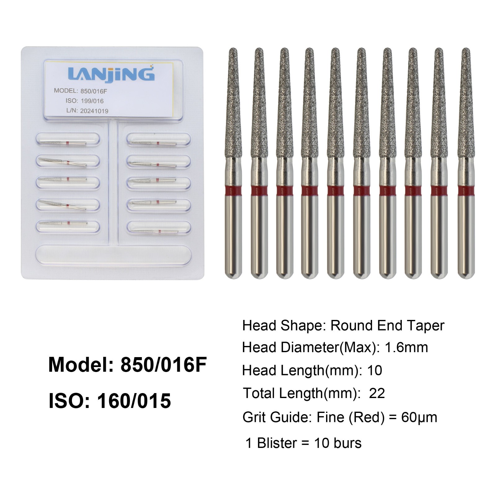 Dental Diamond Burs Round End Taper High Speed Bur FG Fine Grit Red 850/016F