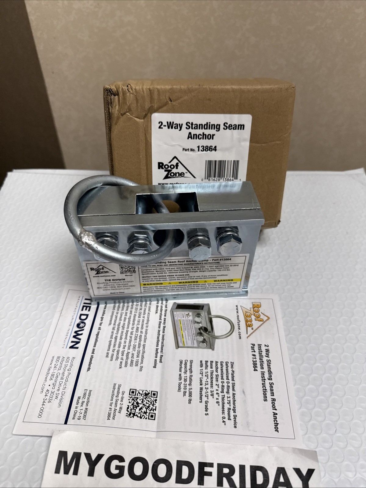 Roof Zone 2-Way Standing Seam Anchor Clamp Tie Down PART No. 13864