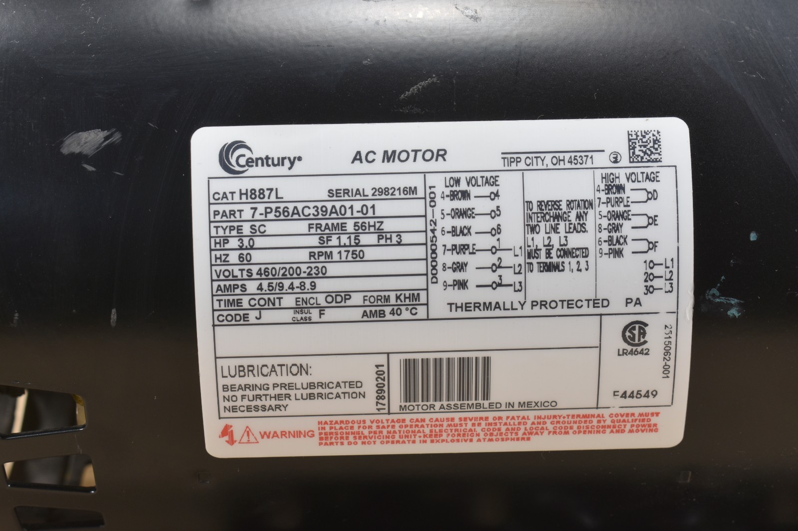 Century H887L, 3HP , 3 PH, 460/200-230V, 1750RPM, 60 Hz, AC Motor