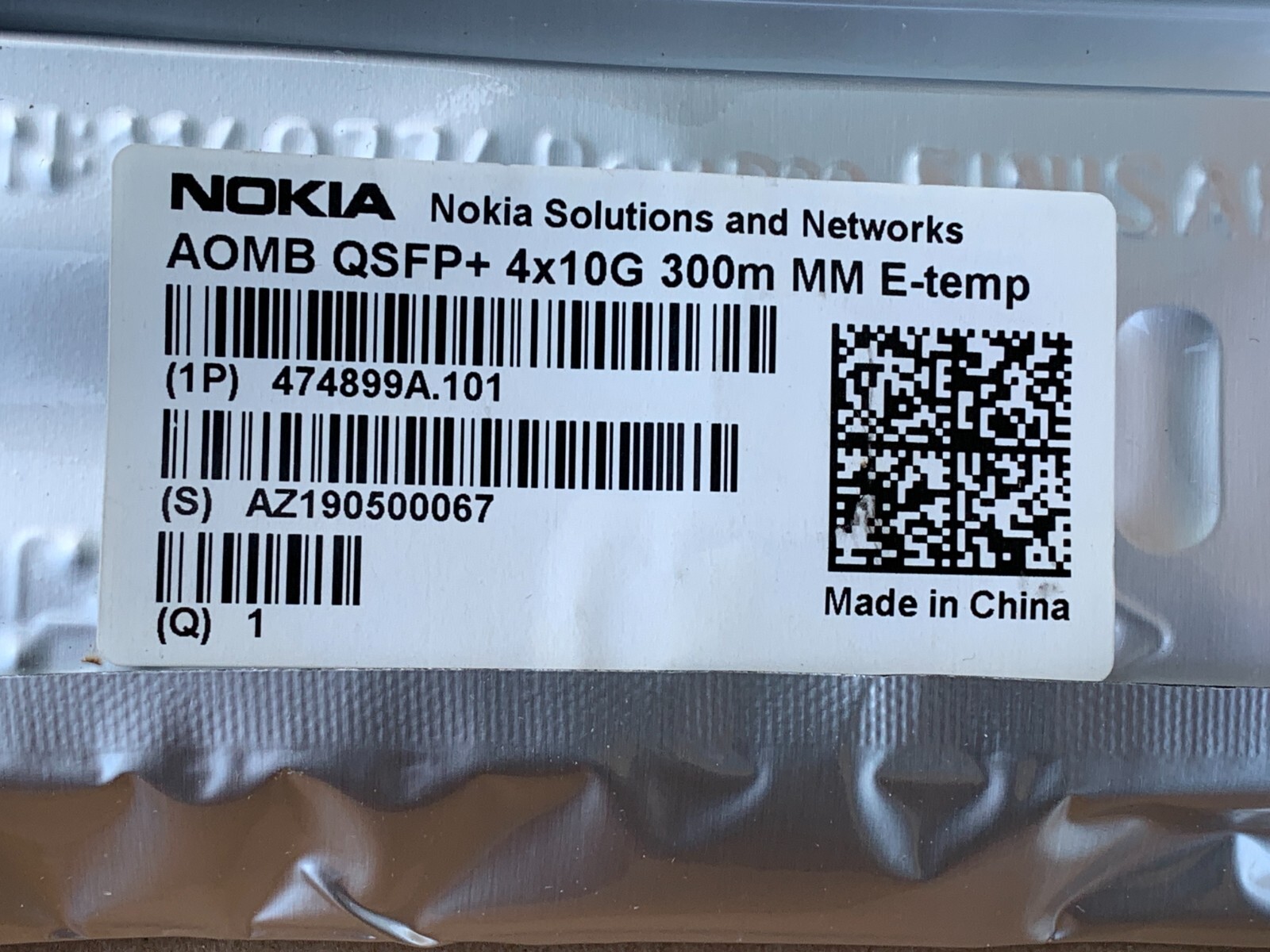 Nokia 474899A.101 AOMB QSFP+ 4x10G 300m MM E-Temp – Lot of 4 NIB