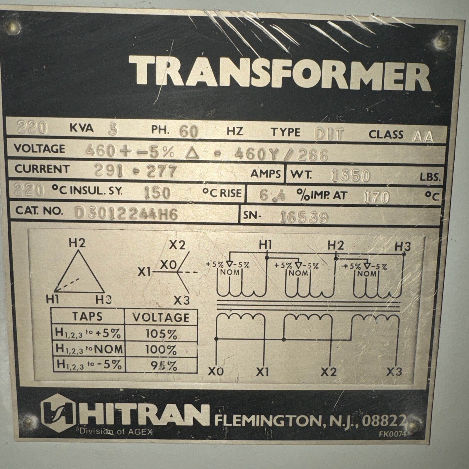 Hitran DIT 3 Phase Transformer D3012244H6, 220Kva 460Y/266