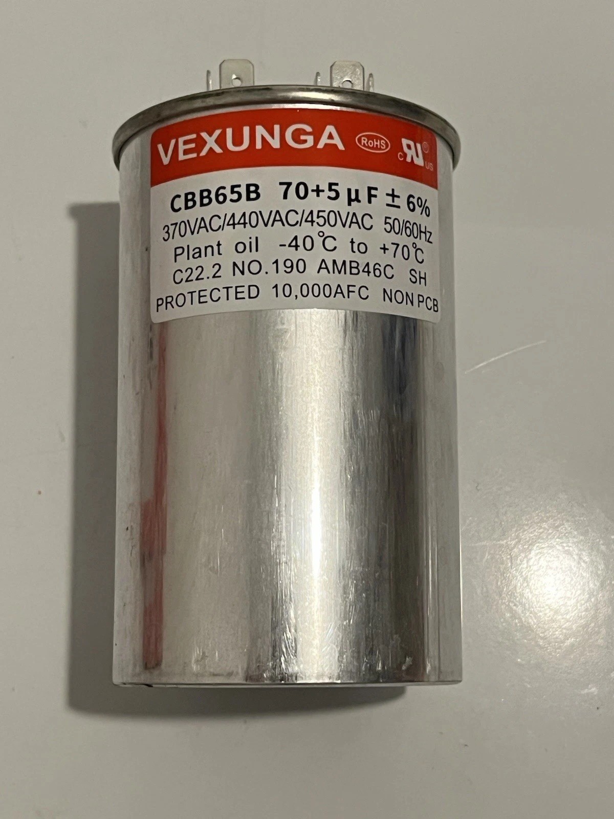 Vexunga Capacitor 70/5 MFD +/- 6% 370V/440/450VAC Dual Run AC Capacitor CBB65B