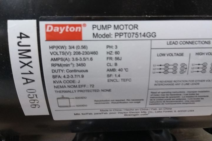 Dayton 4JMX1A 3/4 HP 3450 Max RPM 208-230/460VAC Centrifugal Pump