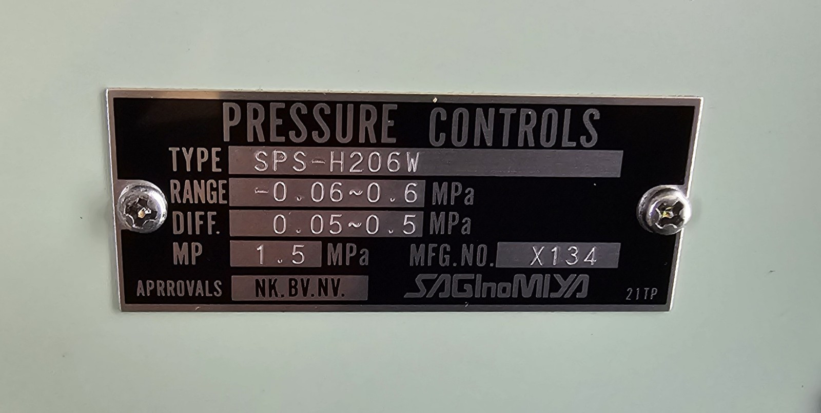 SAGINOMIYA SPS-H206W, PRESSURE SWITCH, -0.06~0.6MPa, MP: 1.5MPa, JAPAN