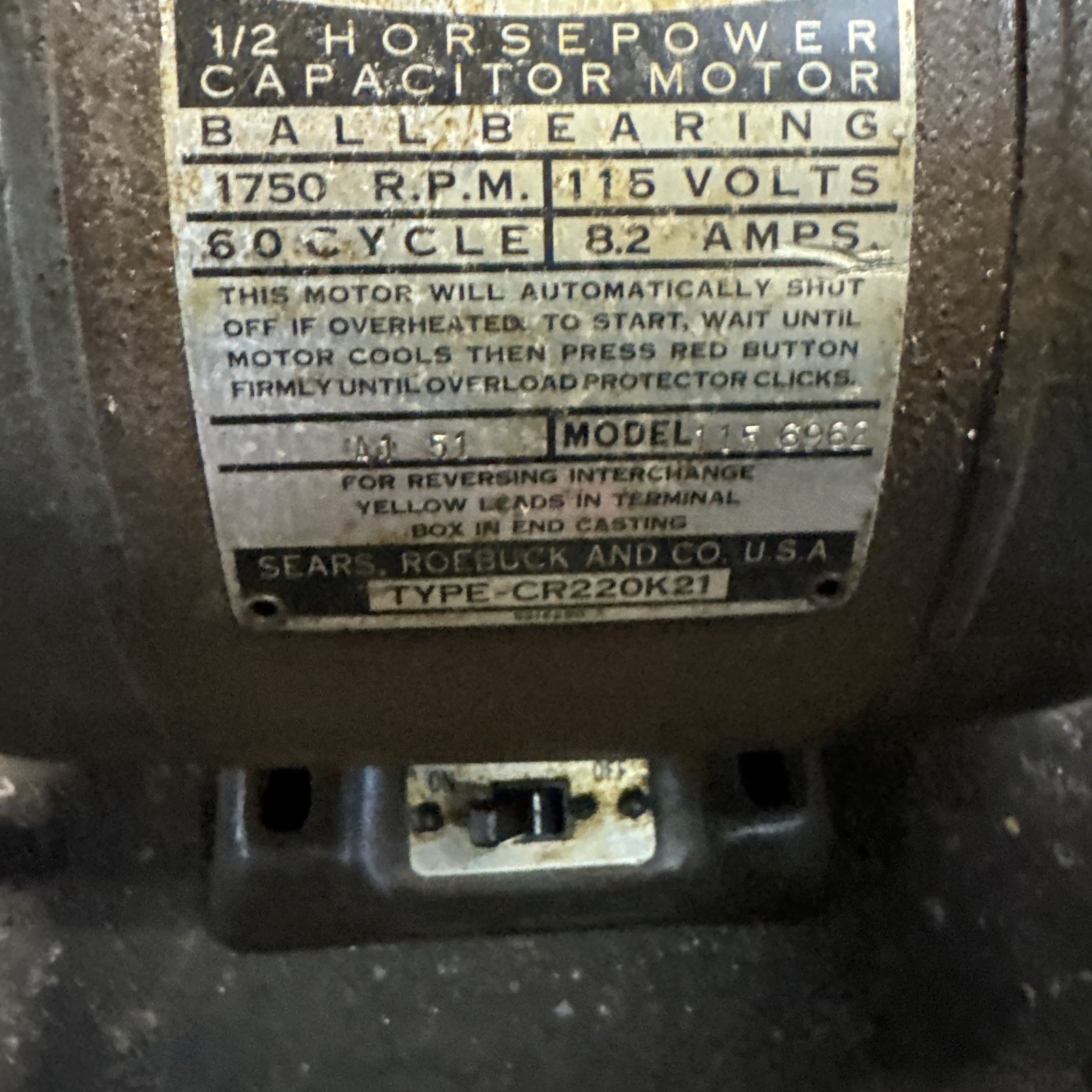 CRAFTSMAN 1/2 Hp Electric Motor 1750 RPM 115V 8.2 AMP Model 115.6962 Read Ad
