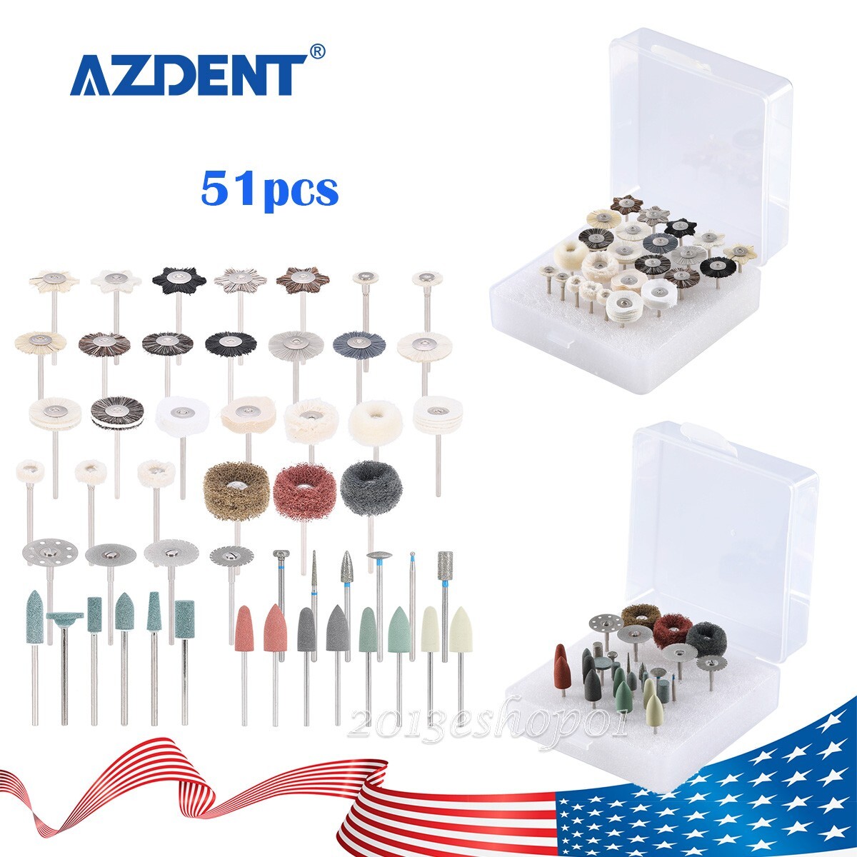 51pcs Dental Diamond Burs Discs Silicon Felt Wheel Polishing Brushs HP Polishers