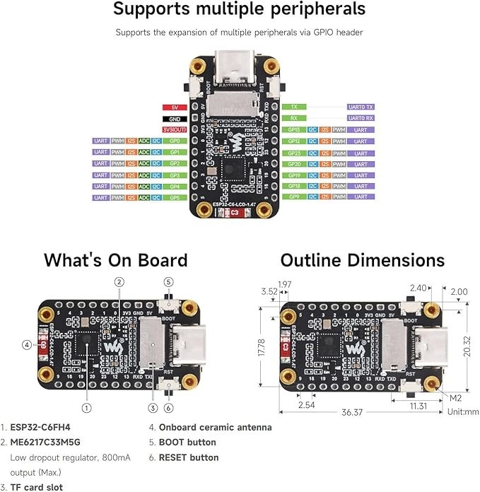 1.47inch LCD ESP32-C6 WIFI Bluetooth Development Board Type-C 160MHz Processor
