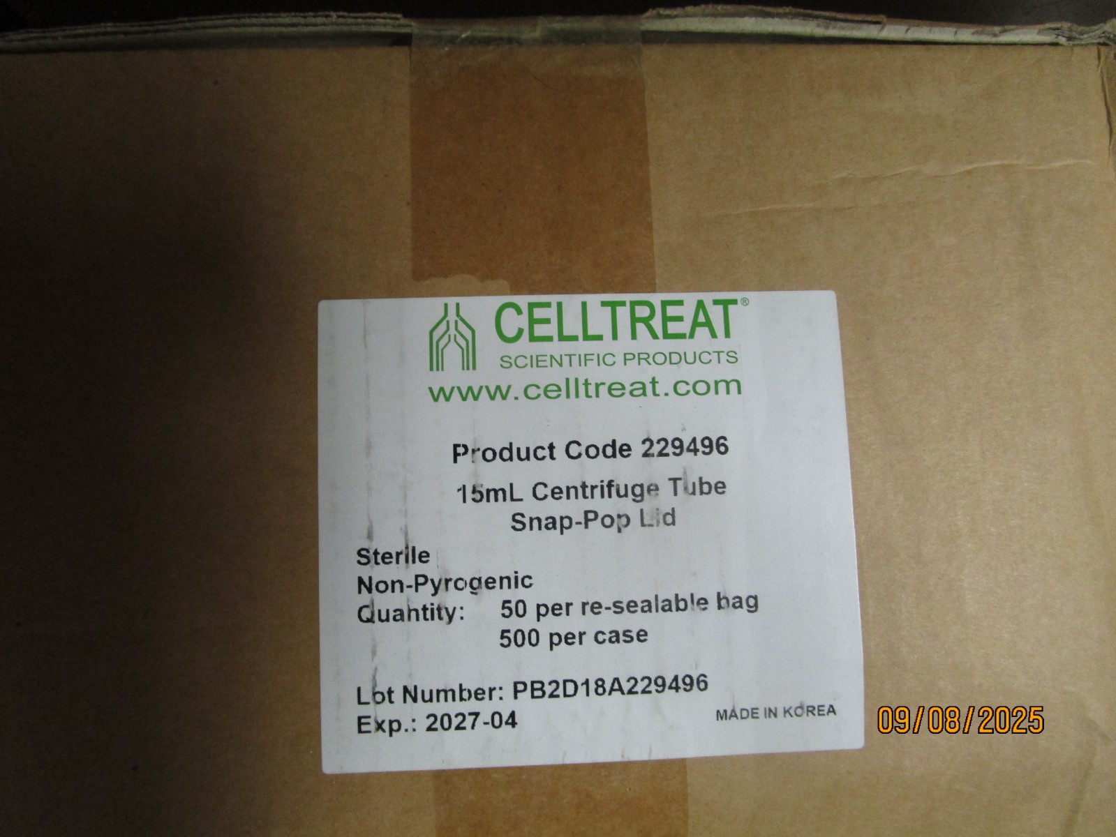 Qty (500) CELLTREAT 15mL Centrifuge Tube Snap-Pop Lid Code 229496 EXP 2027-04