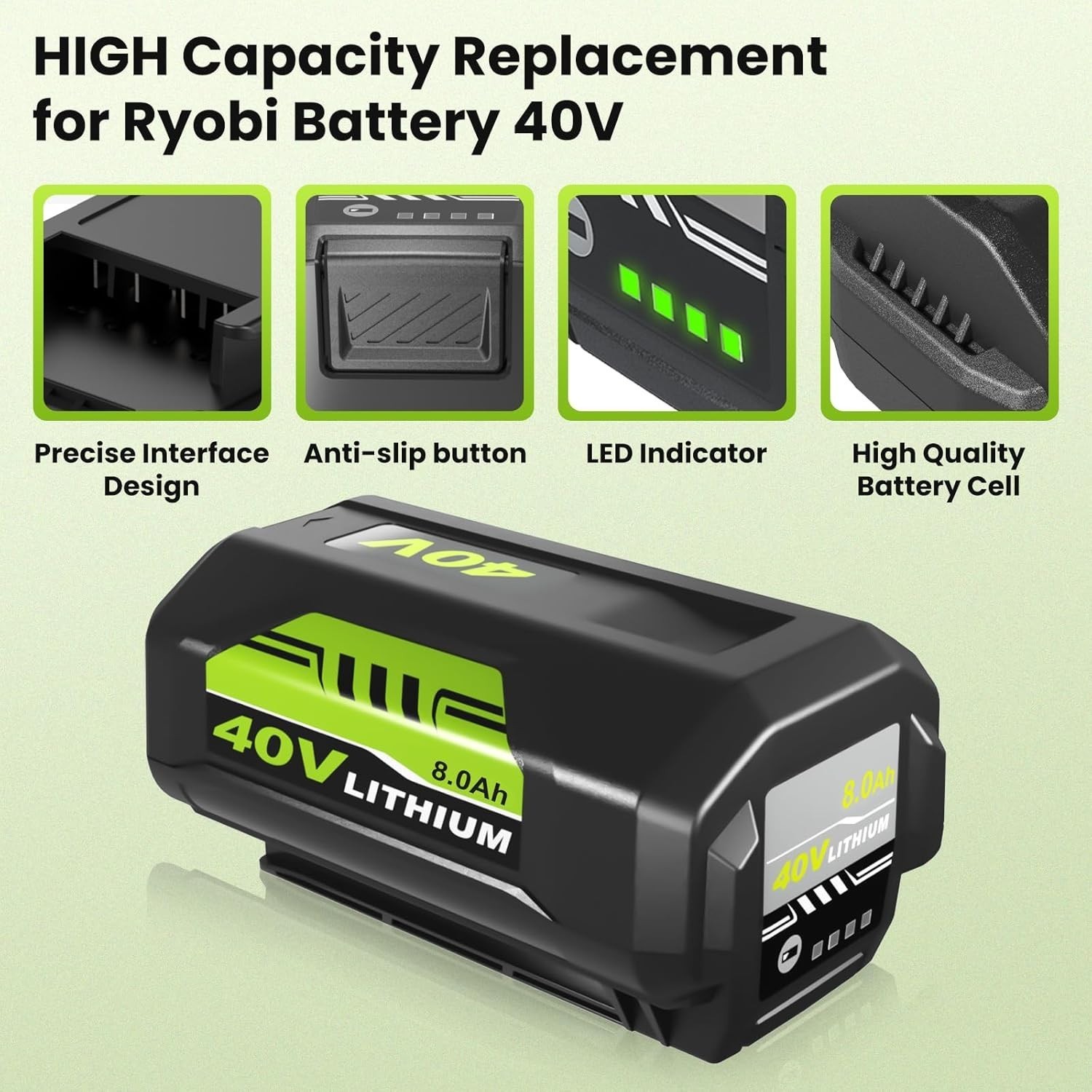 2 Pack 8.0Ah Battery 40 Volt for Ryobi 40V Lithium Ion OP40602 Battery with LED