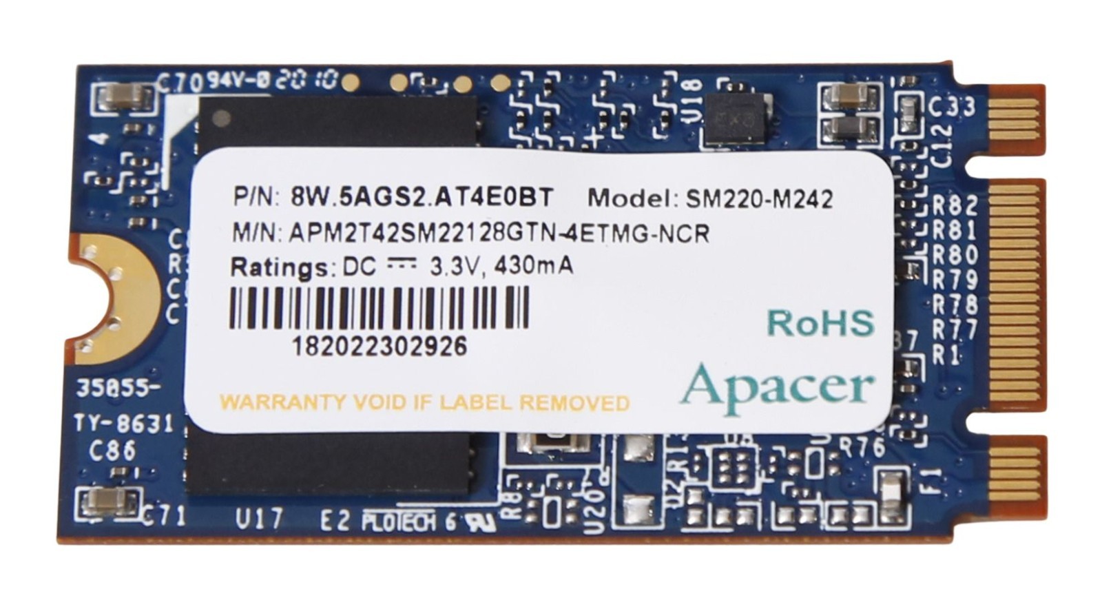 Apacer SSD: SM220-M242 42mm M.2 NVME 128GB SSD, 6Gb/s, ECC, Industrial, MLC NAND