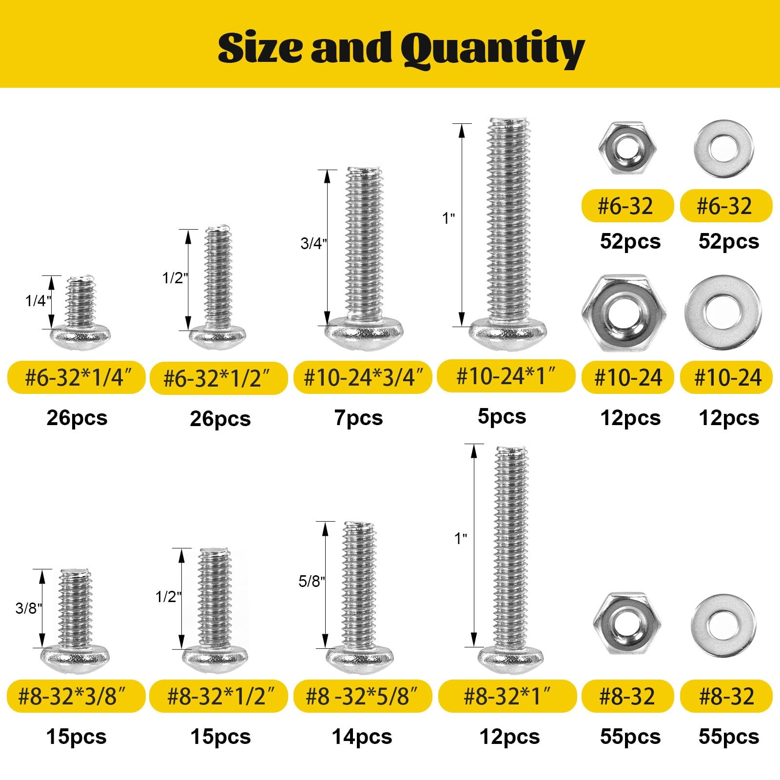 358PCS Machine Screws and Nuts Assortment Kit, #6-32#8-32#10-24 Phillips Pan