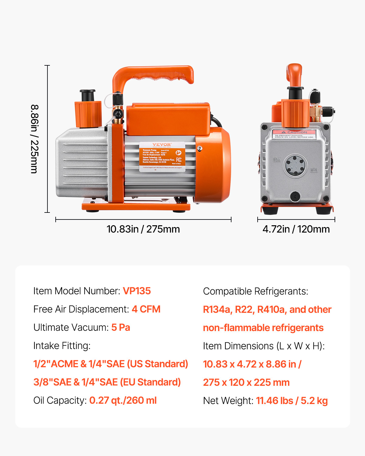 VEVOR Vacuum Pump 4 CFM HVAC Single Stage Rotary Vane Vacuum Pump Oil Included