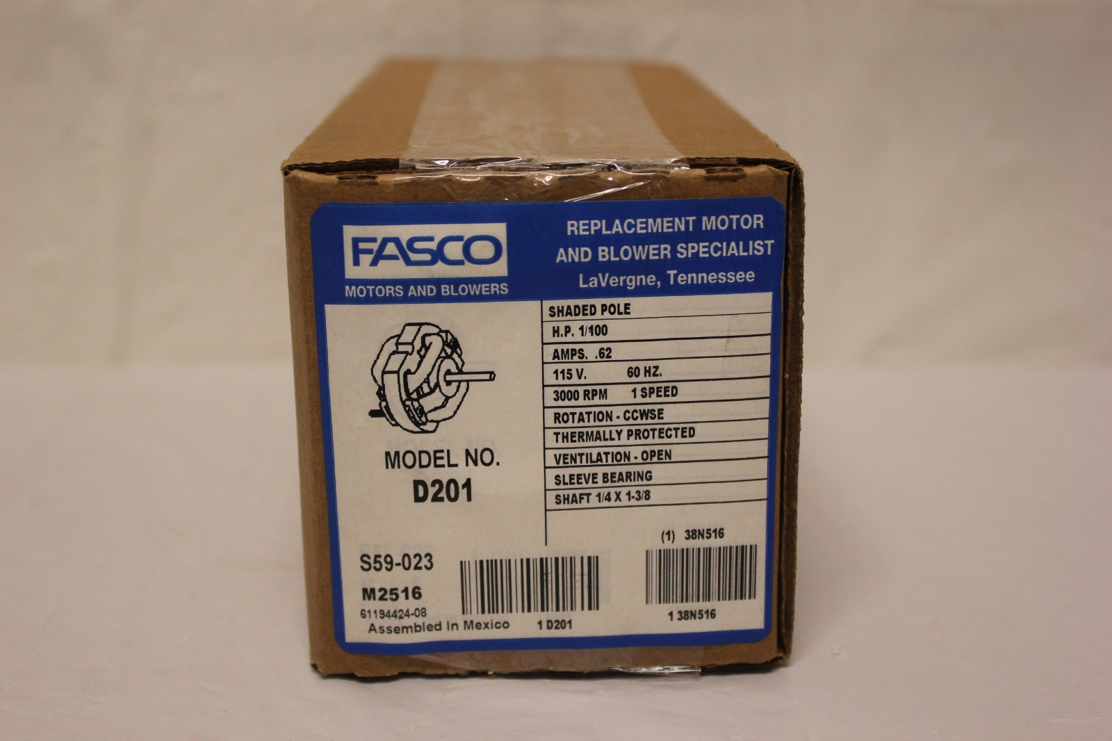 Fasco Shaded Pole Motor Model D201 115 Volts .62 Amp 1/100HP NEW C3