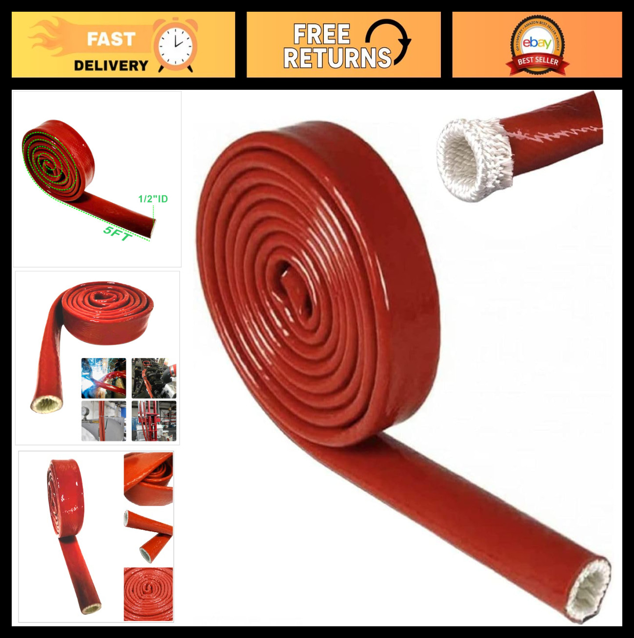 Heat Shield Insulation Sleeve – Fireproof Silicone Coated Fiberglass 1/2″ ID x 5