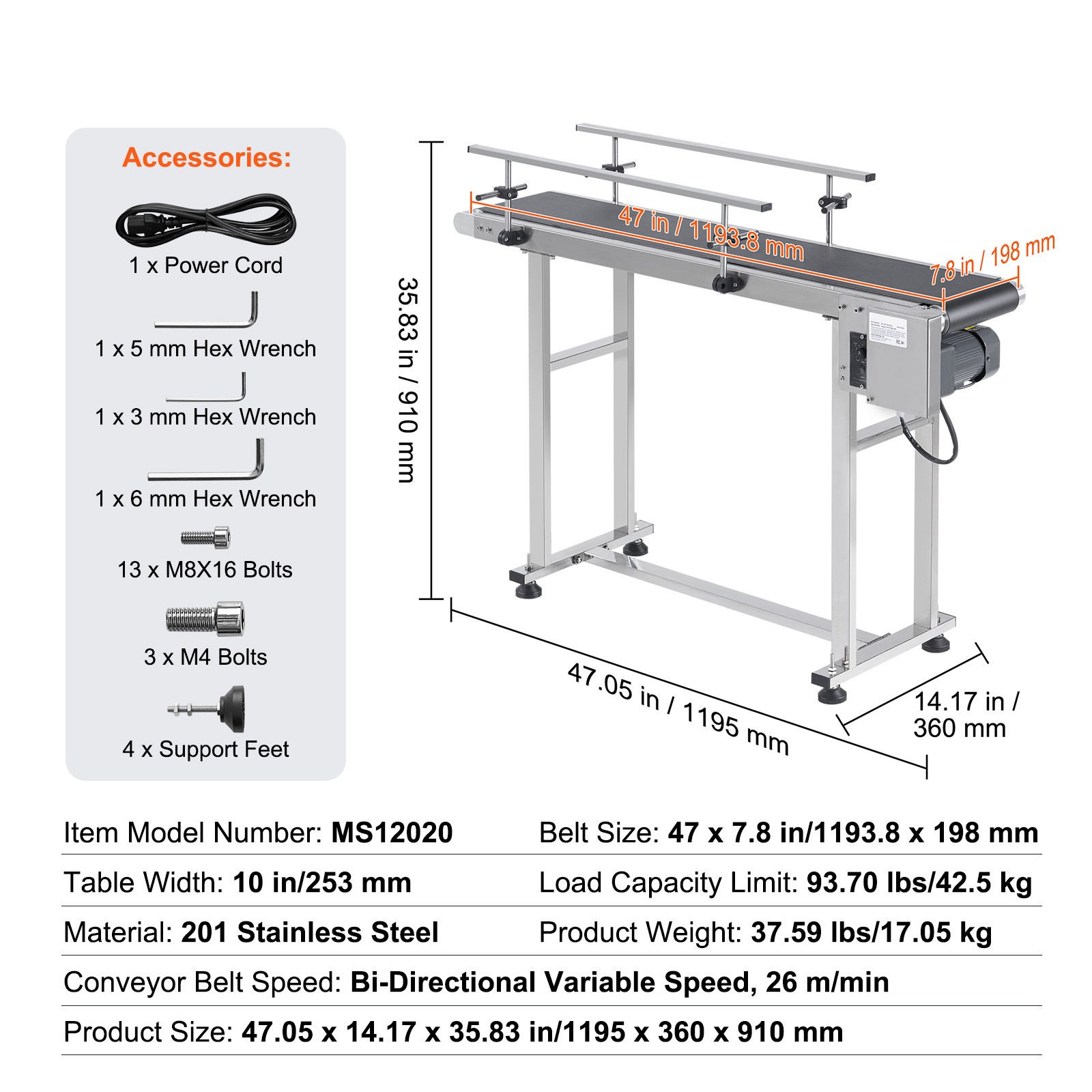 VEVOR Belt Conveyor PVC Stainless Steel Belt Conveyor 47″x7.8″ Double Guardrail