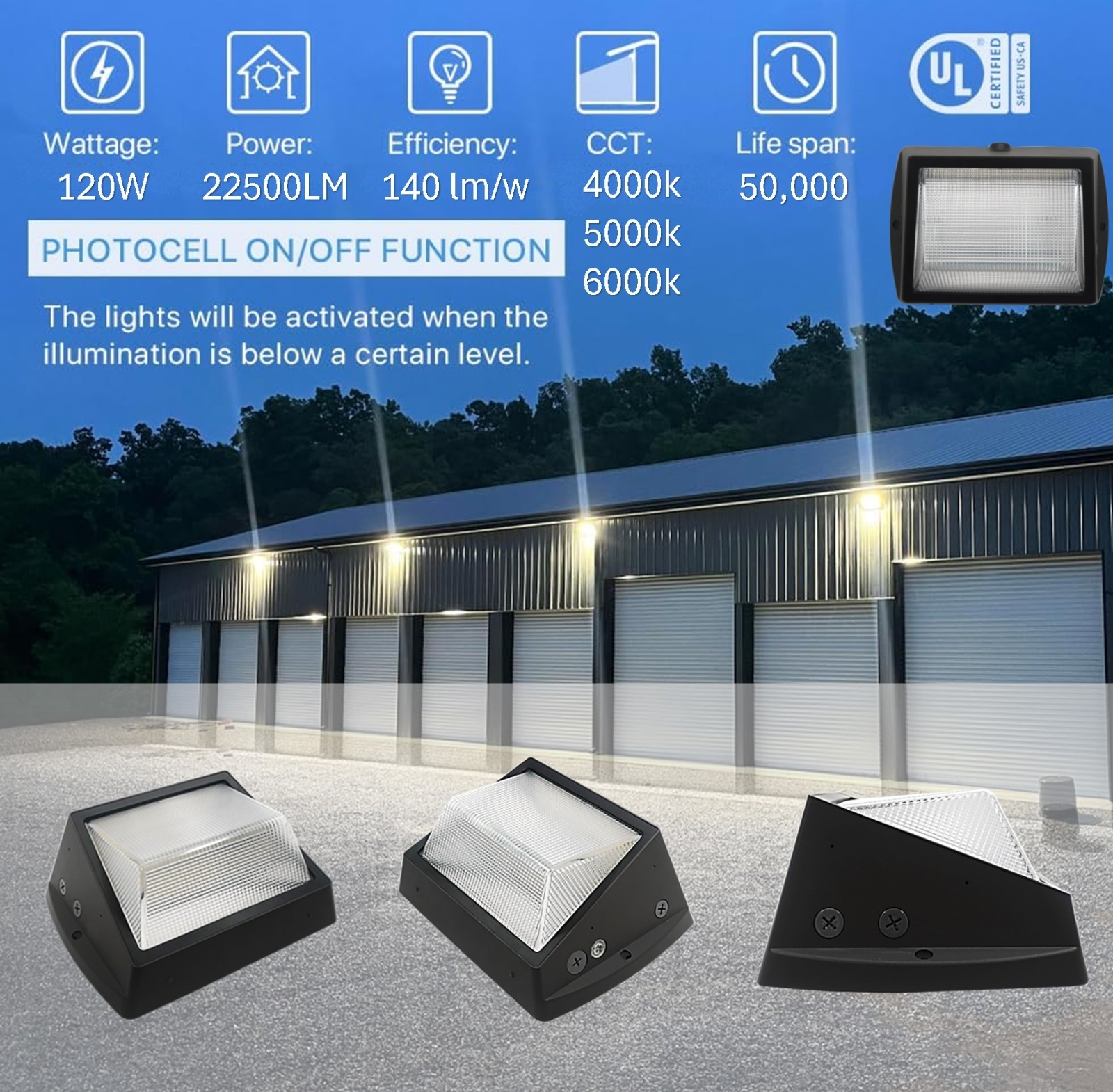 120W LED Wall Pack Light 22,500LM 6000K Outdoor Security Fixture Photocell IP65