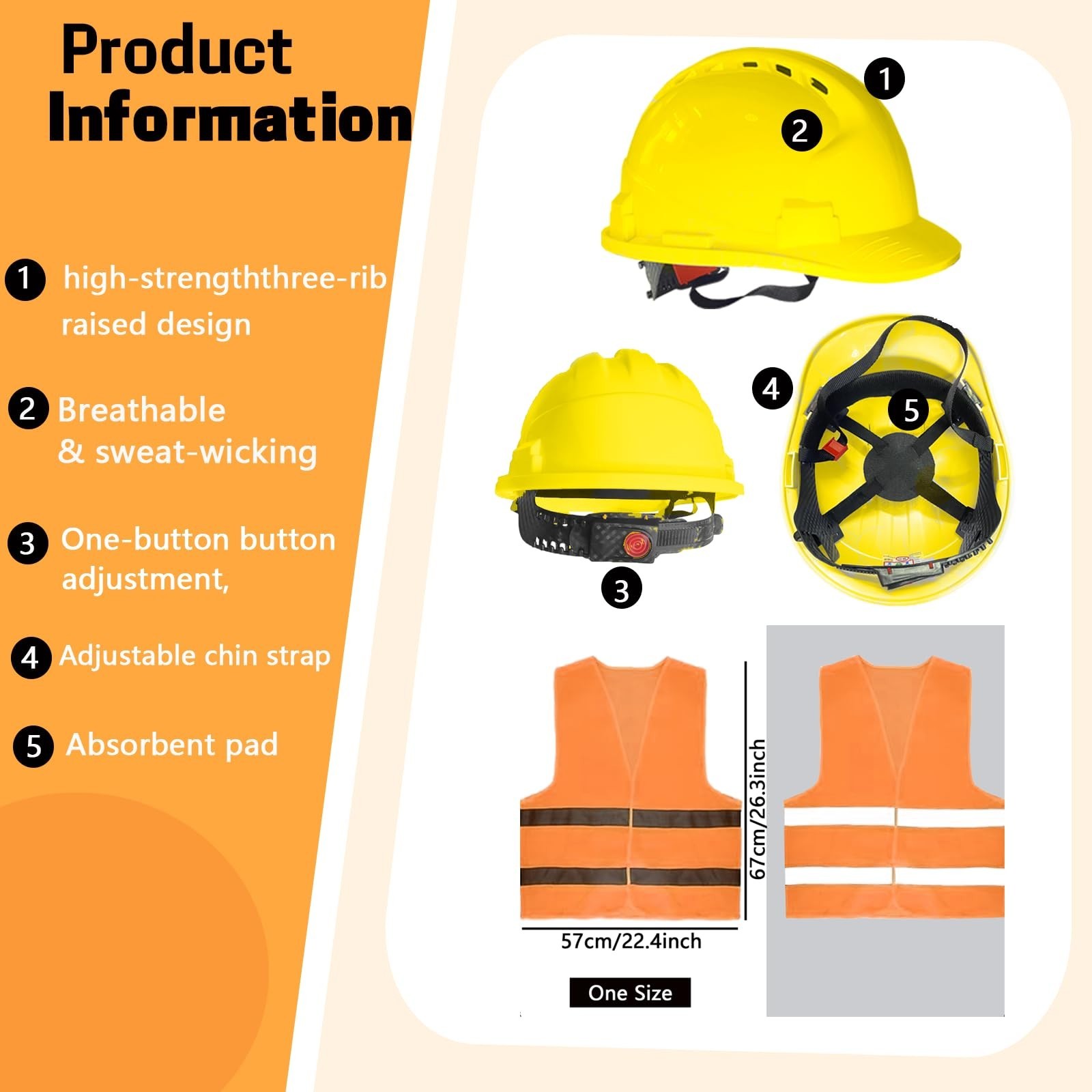 4 Pt. Suspension Hard Hat with Safety Vests Bulk Safety Helmets Adjustable Ra…