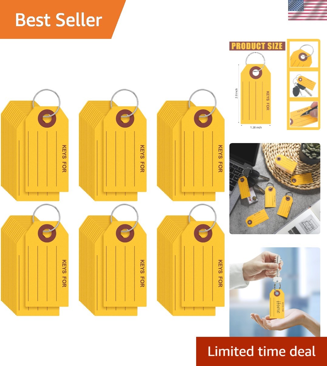 250 Pcs Yellow Key Tags with Labels and Rings: 1.38 X 2.76 Inches, 250 Labels, C