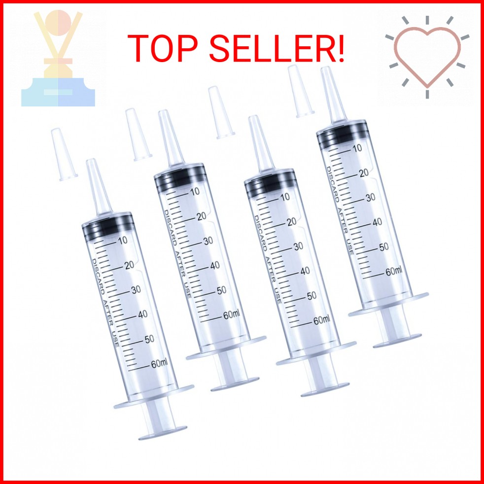 4 Pack 60mL Large Syringe for Liquid with Tip Cap, Plastic Liquid Syringes Indiv
