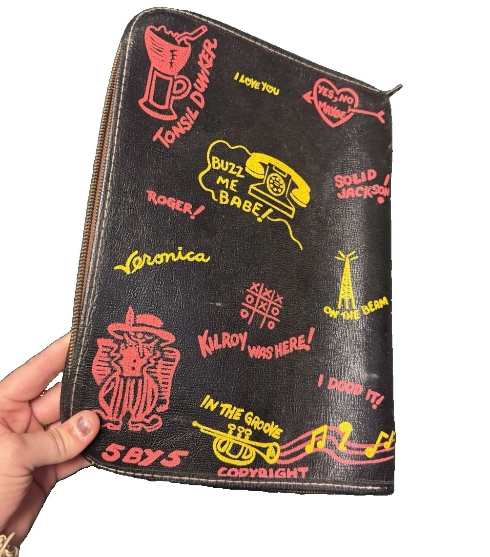 1960s Black Leather Fun Sketch Quotes 3 Ring Binder Vintage School Trapper Keep