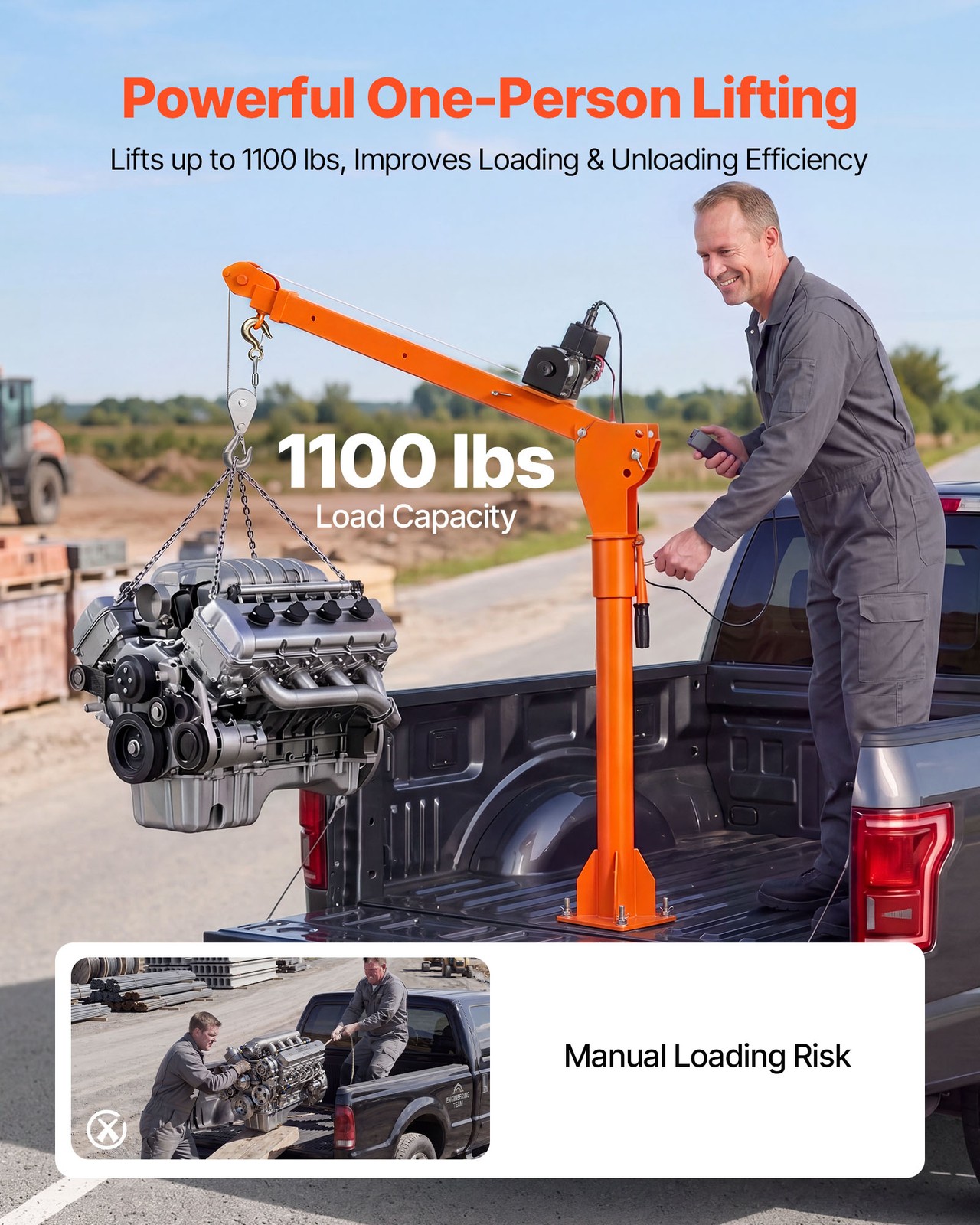 VEVOR Electric Pickup Truck Crane 1100 lbs Winch Steel Foldable Lumber Lifting
